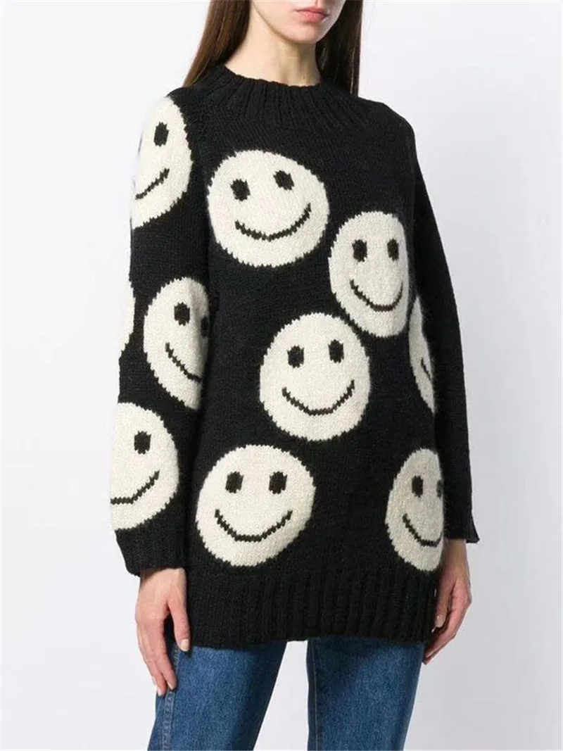 Женский свободный пуловер, свитер, Осень-зима, корейский жаккардовый свитер со смайликом, простой свитер с длинными рукавами, вязаные свитера для девочек