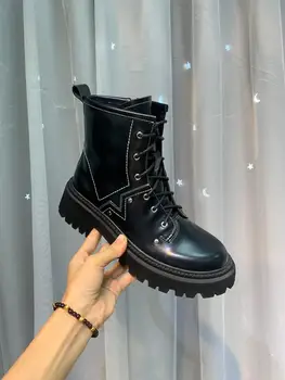 

Shoes For Women Boots Fashion Women Designer Luxury Brand Genuine Leather Platform Black Boots Handmade Winter Lace Up Shoes