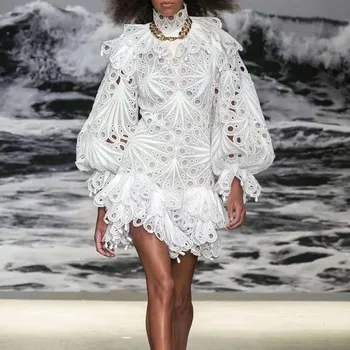 

Hollow Out Dress For Women Turtleneck Flare Sleeve Patchwork Ruffle Mini Dresses Female 2020 Spring Fashion New Clothing