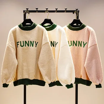 

Lamb Cashmere Female Sweatshirts Thick Keep Warm O Neck Outwear Loose Embroidery Letter Long Sleeve Students Hoodies