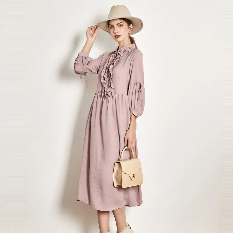 Roze echte zijde jurken vrouwen natuurlijke zijde 2019 hoge kwaliteit meisjes werk boho shirt jurk losse elegante plus size lange mouw Roze echte zijde jurken vrouwen natuurlijke zijde 2019 hoge kwaliteit meisjes werk boho shirt jurk losse elegante plus size lange mouw