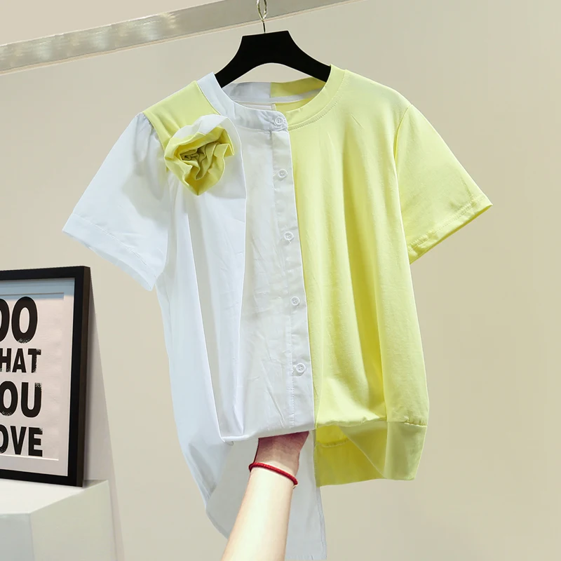 

Irregular Color Patch Short Sleeve Shirt Female Summer Top Europe Style Splicing Three-Dimensional Flowers Women's Crew Neck Top