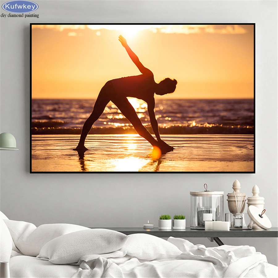 Full Square Round Diamond Painting Sunset Sea Yoga Girl 5D DIY Embroidery Mosaic Picture Of Rhinestone home Decoration | Дом и сад