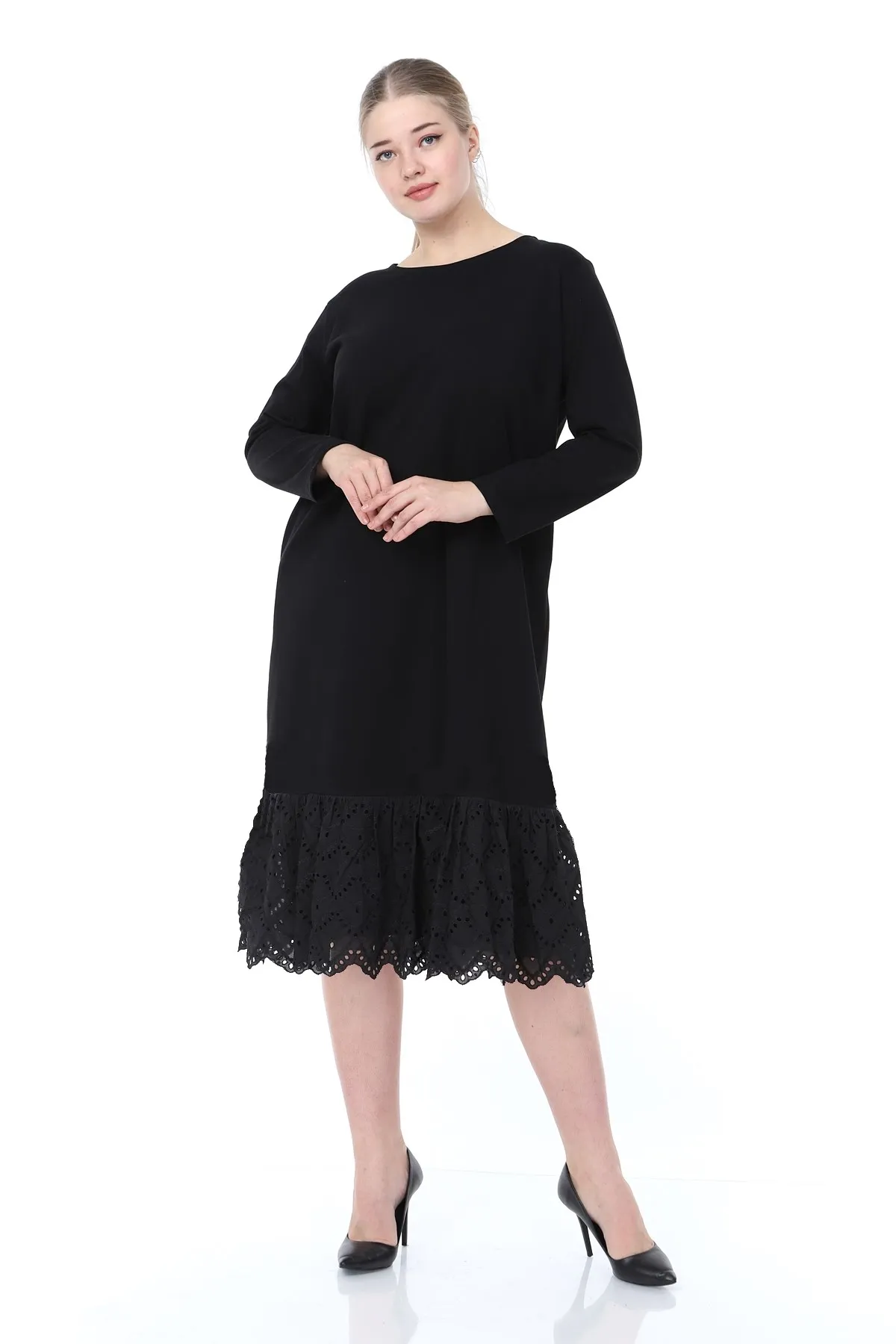 

Women's Plus Size Sports Evening Long Sleeve Filet Lace Detail Dress Black L1606