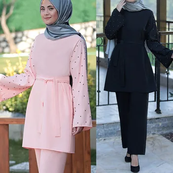 

WEPBEL Muslim Women's Abaya Middle East Muslim Beaded Large Size Clothing Set 2pcs Fashion Southeast Asia Suit Clothes