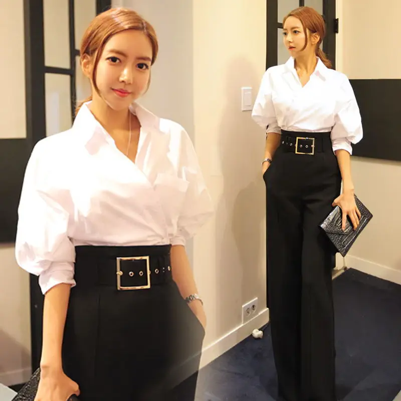Spring Elegant Korean Women's Suits Fashion White Blouse Blusas Top And Sashes Wide Leg Pant Suit Office Lady Two Piece Set |