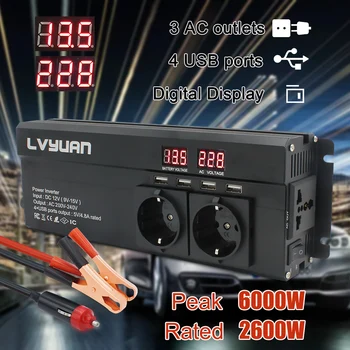 

6000W Peak EU socket LED Display Car Power Inverter DC12V to 230V Modified sine wave with 4.8A 4USB 3AC Sockets Car Inverter