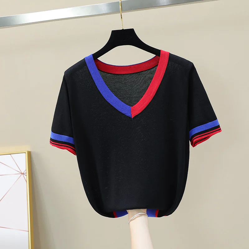 

Baharcelin big size 4XL Women Girl Summer short Sleeve Pullovers V Neck Knitted sweater Cute Sweet Knitwear Outwear Tops