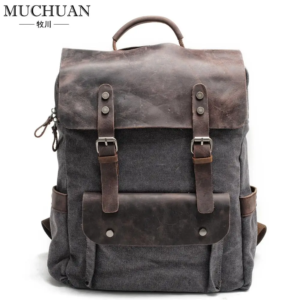 Рюкзак MUCHUAN мужской для ноутбука 14 дюймов винтажный Холщовый кожаный ранец