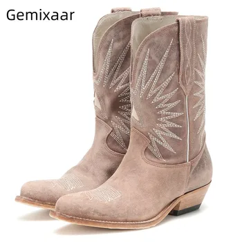 

Deep-V Slip On Boots Woman Round Toe Med Block Heel Bottes Retro Archaistic Color Mid Calf Botas 2020 Chic Embroider Star Boots
