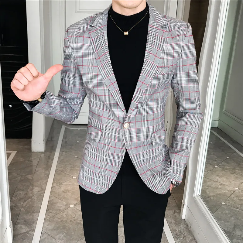 Suit jacket autumn new men's casual plaid blazert high quality men's fashion slim single button business casual suit jacket Suit jacket autumn new men's casual plaid blazert high quality men's fashion slim single button business casual suit jacket