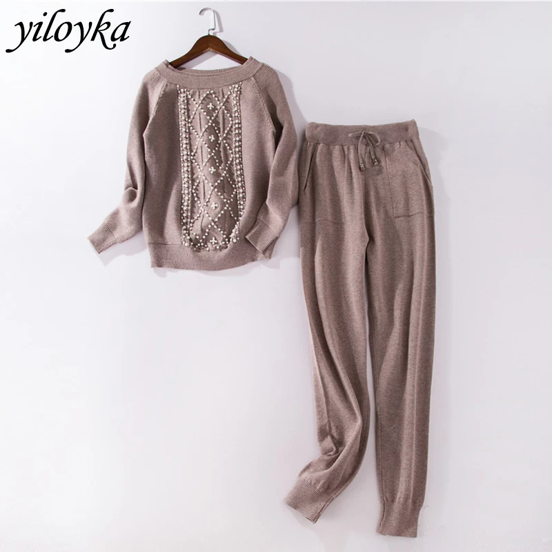 

New Beading Pullover Women Turtleneck Sweater + Pants Two Piece Set Winter Casual 2 Piece Set Women Sweater Knitted Trousers