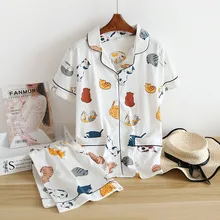 New 100% cotton short-sleeved shorts ladies pajamas set cute cartoon pajamas Japanese simple short pajamas women home service