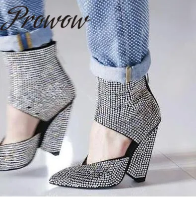 

Prowow New Genuine Leather Crystal Beading Autumn Sandal Boots Sexy Cutout Spikle Heel Women Autumn Boots Shoes Women