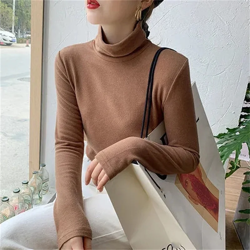 

Derong High-necked Bottoming Shirt Women Inner Wear New Autumn Winter Long-sleeved T-shirt Brushed Foreign Style Top Pile Collar