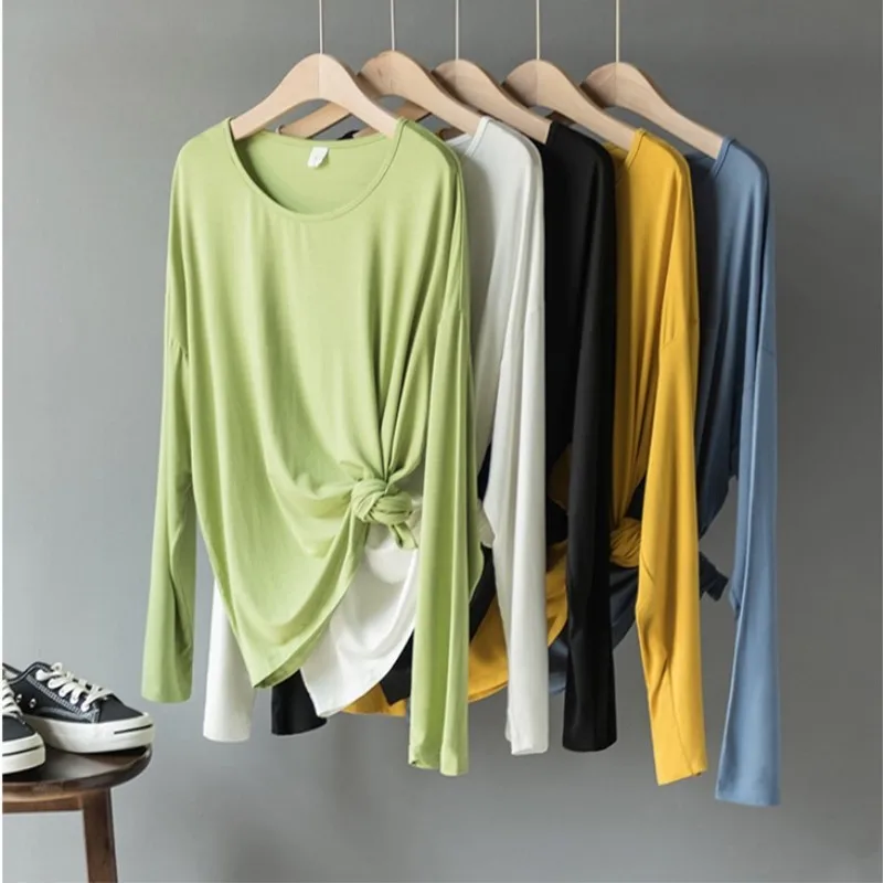

New Solid Loose Basic Tees Women Long Sleeve O Neck Thin Casual Home T Shirts Female Fall Oversize Elastic Tops