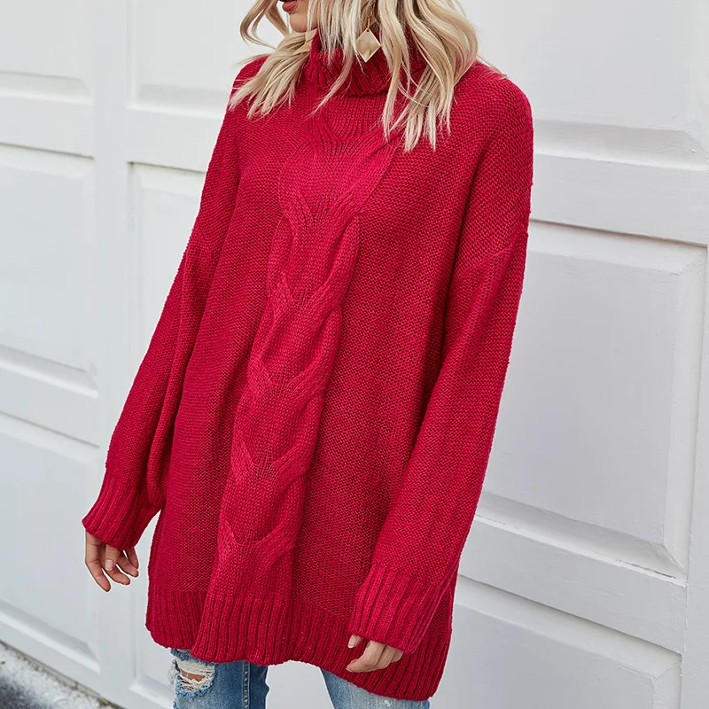 

Long Ladies Sweater Red Turtleneck Women Full Sleeve Knitted Top Europe Jumper Stylish Women's Clothes 2020