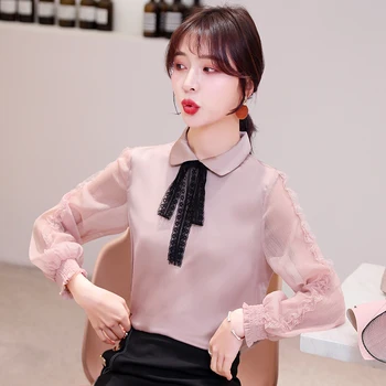 

COIGARSAM Korea Style blouse women New Spring Office Lady Full Sleeve Chiffon Solid blusas womens tops and blouses Pink 6186
