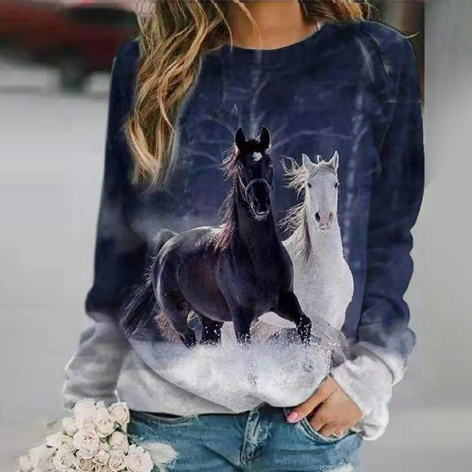 40 Women Vintage Printing Blouses Round Neck Horse Splicing Long