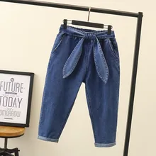 Женские джинсы размера плюс с эластичной резинкой на талии, повседневные джинсовые штаны с милым бантом