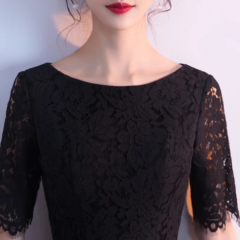Black Womens V-Neck Lace Party Dress Half Sleeve Evening Cheongsam Wedding Elegant Prom Long Qipao Gown Retro Vestido S-XXL