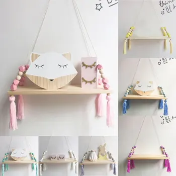 

New INS Bedroom Wall Shelf DIY Original Wood Beads Storage Shelf Organization Hanging Swing Shelf Home Room Wall Decoration