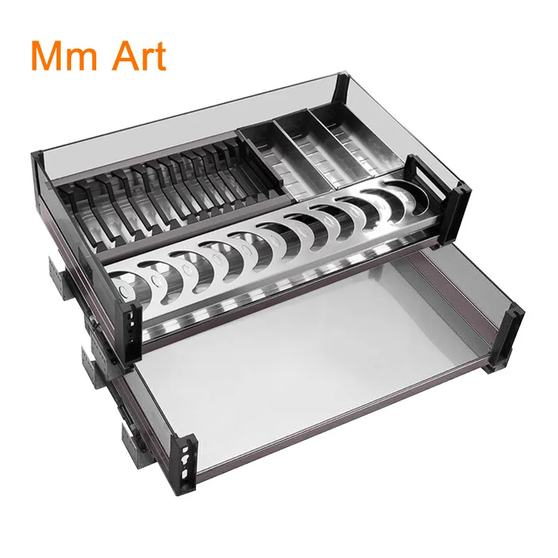 Drawer-Type Tempered Glass Kitchen Cabinet Storage Dish Rack