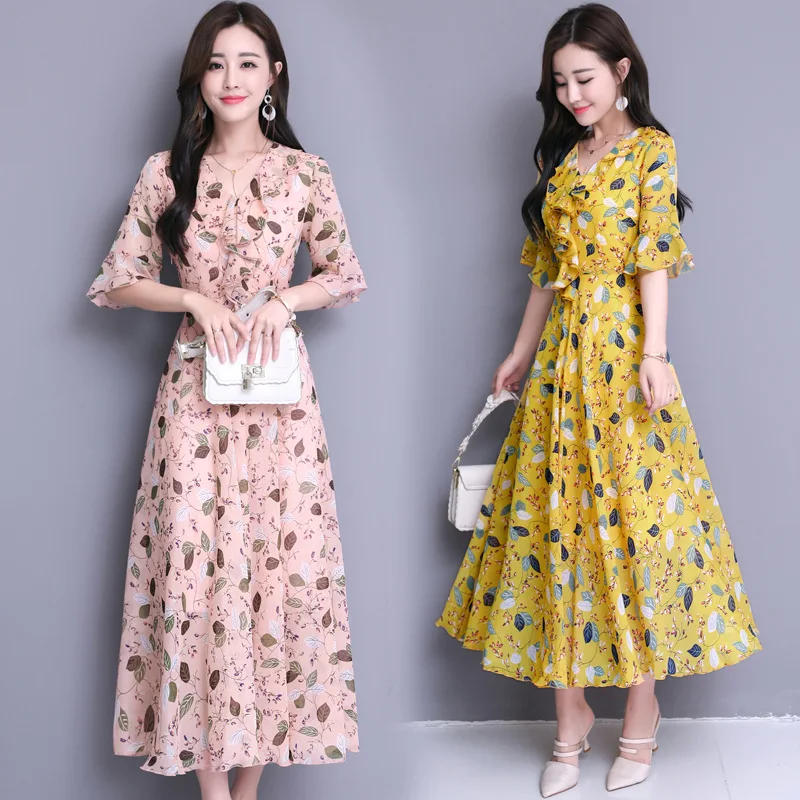 

2019 Summer Wear New Style Korean-style Floral-Print Flounced Chiffon Slim Fit Elegant Long Dress Women's Fashion