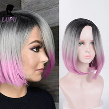 LUPU короткие парики для женщин синтетические термостойкие волокна Staight средняя часть женские волосы Омбре серый розовый черный парик косплей