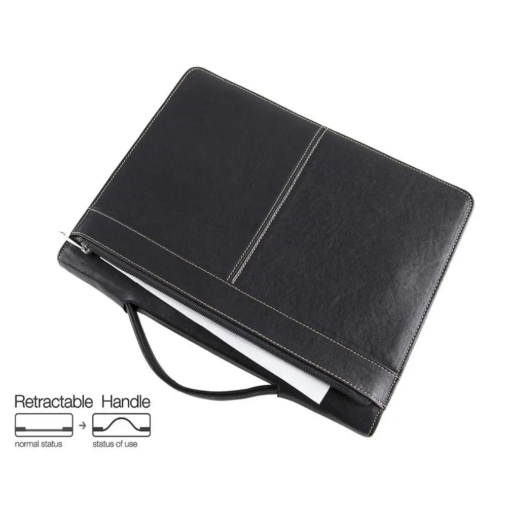 Handmade Genuine Leather Portfolio A4 Folder, Business Padfolio Organizer Case Conference Folder with Retractable Handle, Black