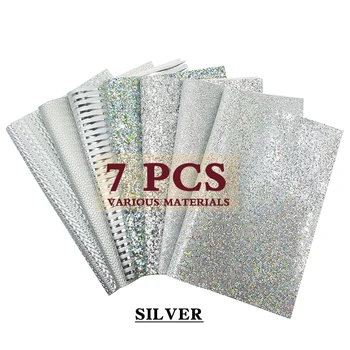 

QIBU Wholesale 7pcs Chunky Glitter Faux Leather Bow Fabric Silver Sheets DIY Bags Shoes Materials Handmade Hair bows Accessories