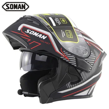 

Motorcycle Double Lens Flip Up Helmet Bluetooth Phone Music Function DOT Standard Full Helmet Motocross Off-road Helmet