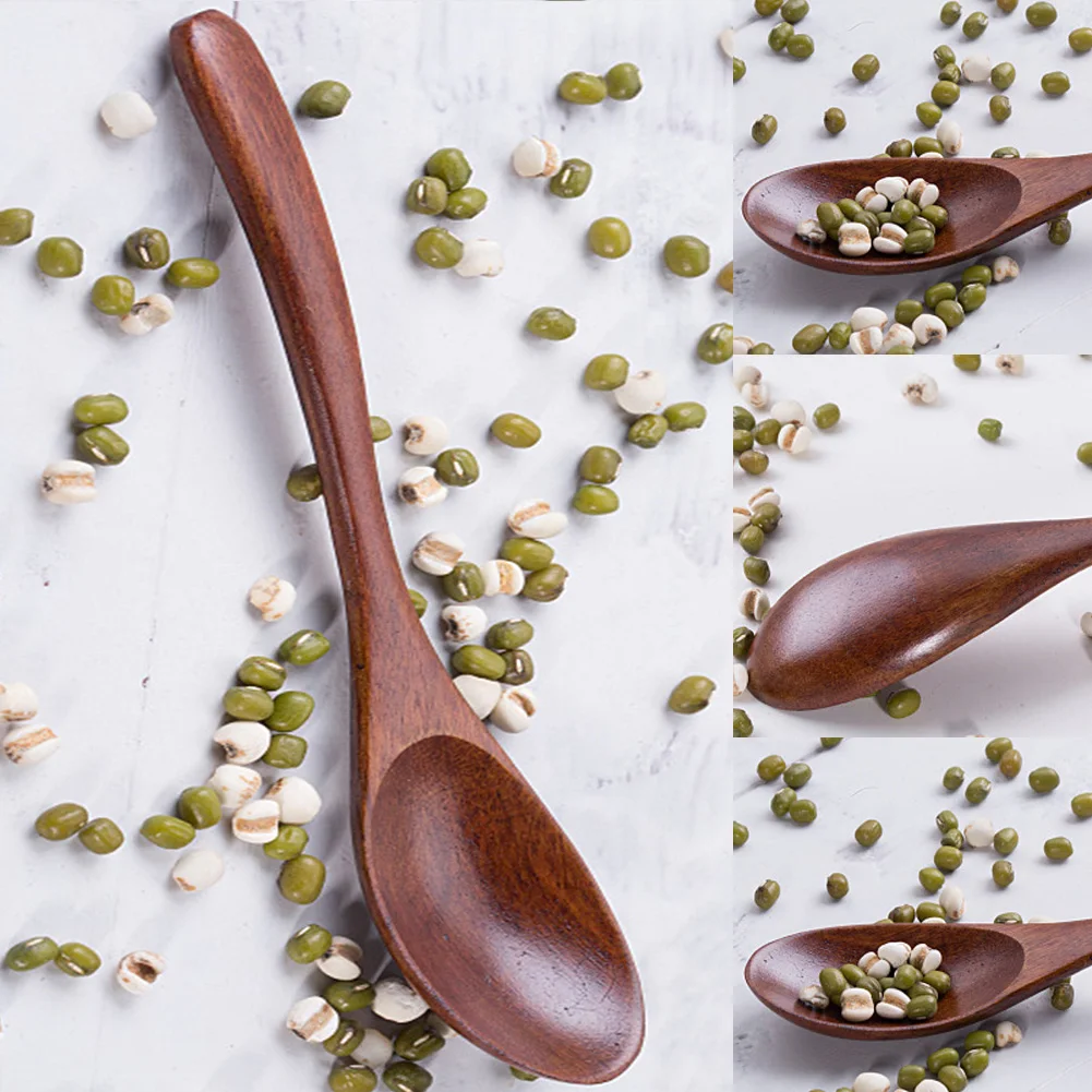 5Pcs Wooden Home Ellipse Tableware Spoon Natural Coffee Honey Restaurant Camping Hiking Long Handle