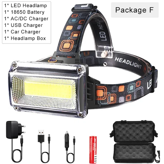 Most Powerfu Headlight Powerful COB LED Headamp Rechargeable Flashlight 18650 Battery Waterproof Hunting Fishing Light Outdoor - Emitting Color: Package   F