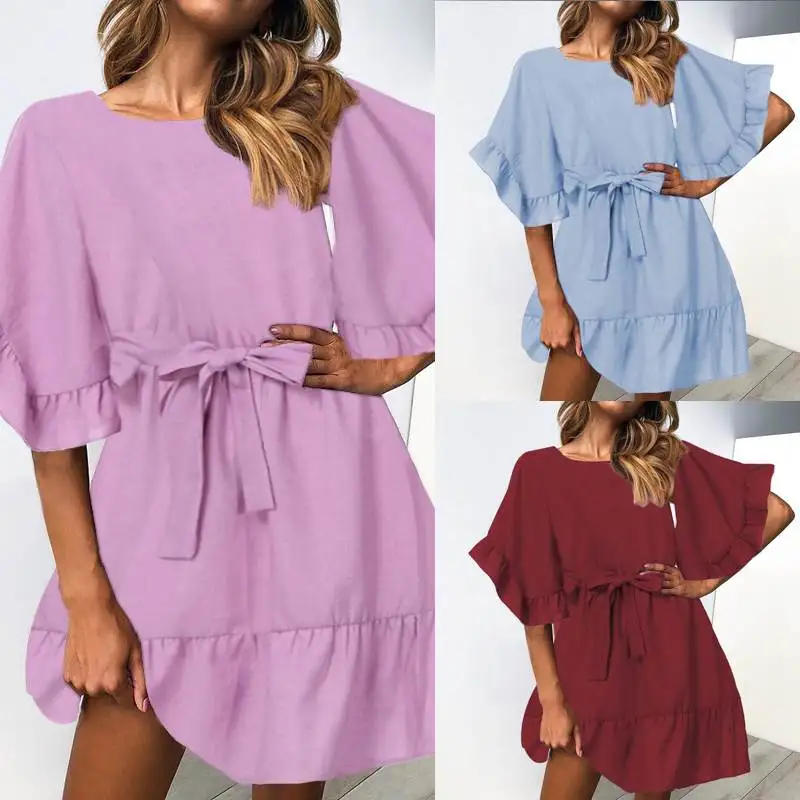 Летние платья с рукавом до локтя и рюшами, Celmia, женское сексуальное свободное мини-платье, Повседневный Сарафан, одноцветное пляжное платье, большие размеры