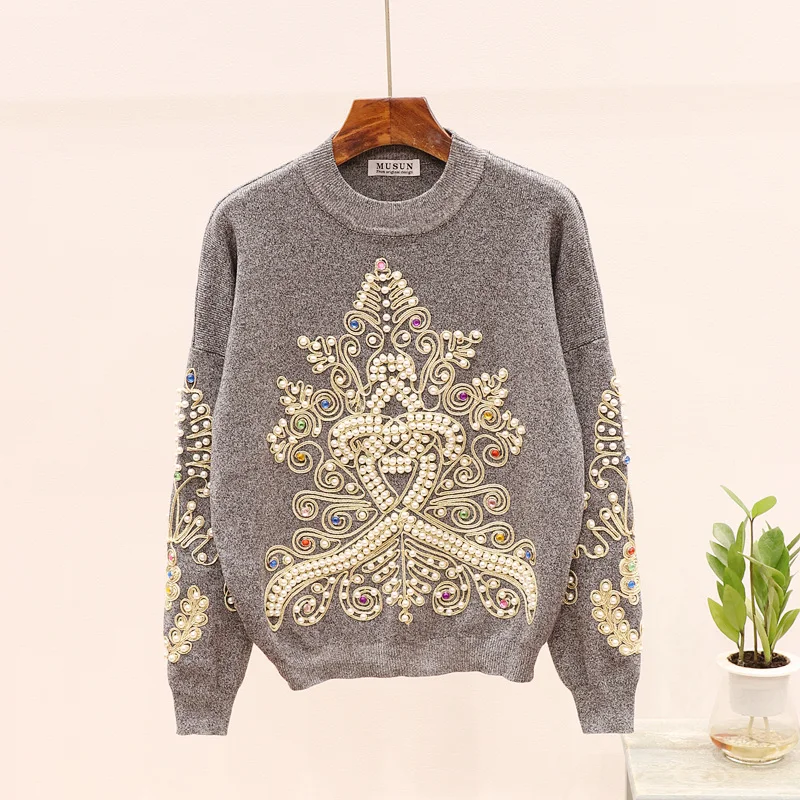 Billig Set Weibliche Perlen Diamanten langarm Pullover Stricken Hosen 2 stücke Frauen Herbst Lose Pullover Hosen Strickwaren Damen Trainingsanzüge