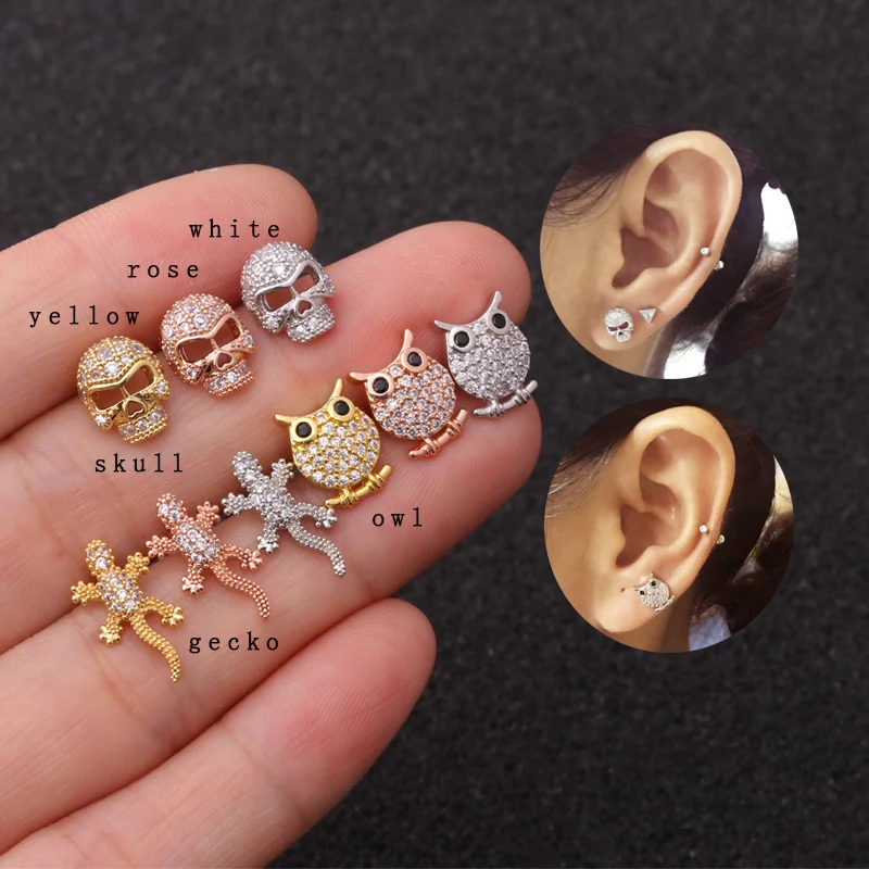 

Sellsets 1Piece New Arrival Rose Gold Silver Color Tone CZ Owl Skull Animal Daith Tragus Cartilage Piercing Jewelry Stud Earring