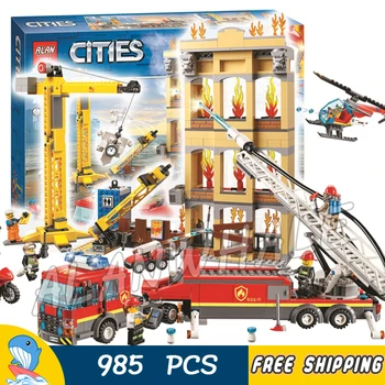 

985pcs City Arctic Downtown Fire Brigade Ladder Truck Crane Helicopter 11216 Figure Building Blocks Gifts Compatible with Lago
