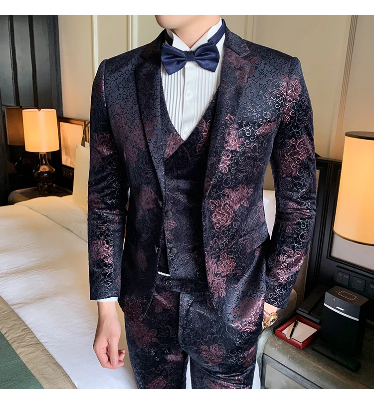 Costume De Luxe Pour Homme Baroque Vestito Matrimonio Uomo Royal Mens Luxury Suits Jacquard Flowers Heren Pak Velvet Ternos Slim