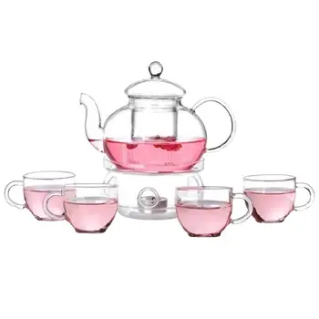 

6pcs Glass Tea Set High Quality 1pc Tea Pot with 4pcs Cups and 1pc Warmth Teaware Flowers Tea Sets Kungfu Teaware