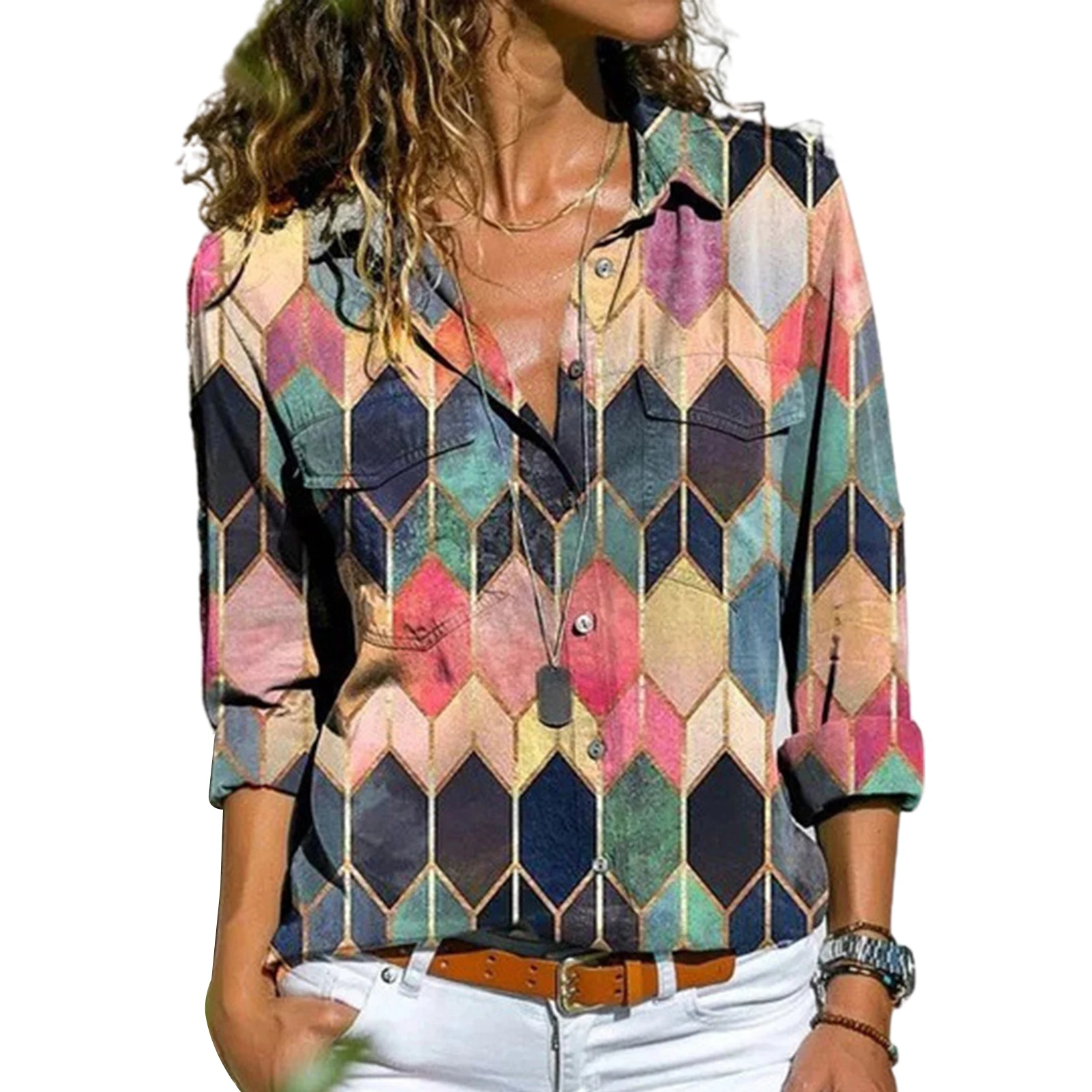 Women Blouses Beach Loose Blouse printing Shirt Women Long Sleeve Turn Down Collar Hexagon Print Buttons Shirt Loose Blouse blouses & shirts