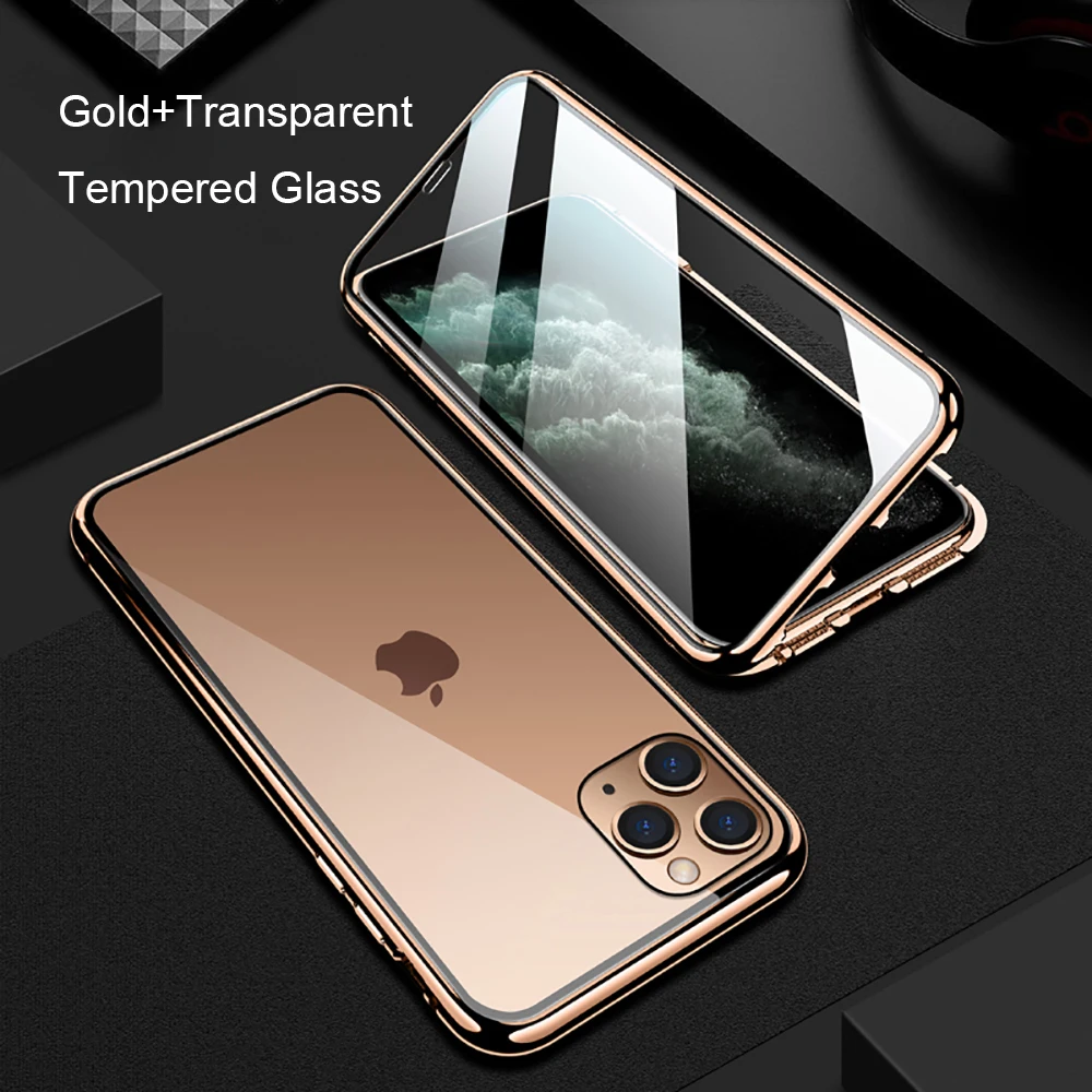 Transparent Gold Защитный металлический магнитный чехол из закаленного стекла для iPhone 11 Pro MAX XS XR X 8 7 6 6s Plus, двусторонний стеклянный Магнитный чехол - Цвет: Transparent Gold