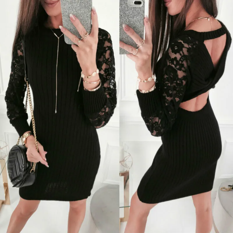 Black lace Женское осеннее винтажное облегающее черное платье с блестками, вечернее Клубное платье с полым рукавом, трикотажное стрейчевое Повседневное платье Vestidos - Цвет: Black lace