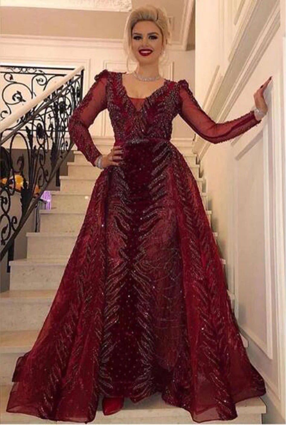 

Robe Soiree Dubai Evening Dresses Long Sleeve V Neck Detachable Tail Vestidos Elegantes Dress Party вечернее платье 2019