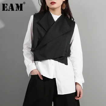 [EAM] 2021 New Spring Summer Lapel Sleeveless Black Button Cross Bandage Ribbon Stitch Vest Women Fashion Tide All-match WD81 1