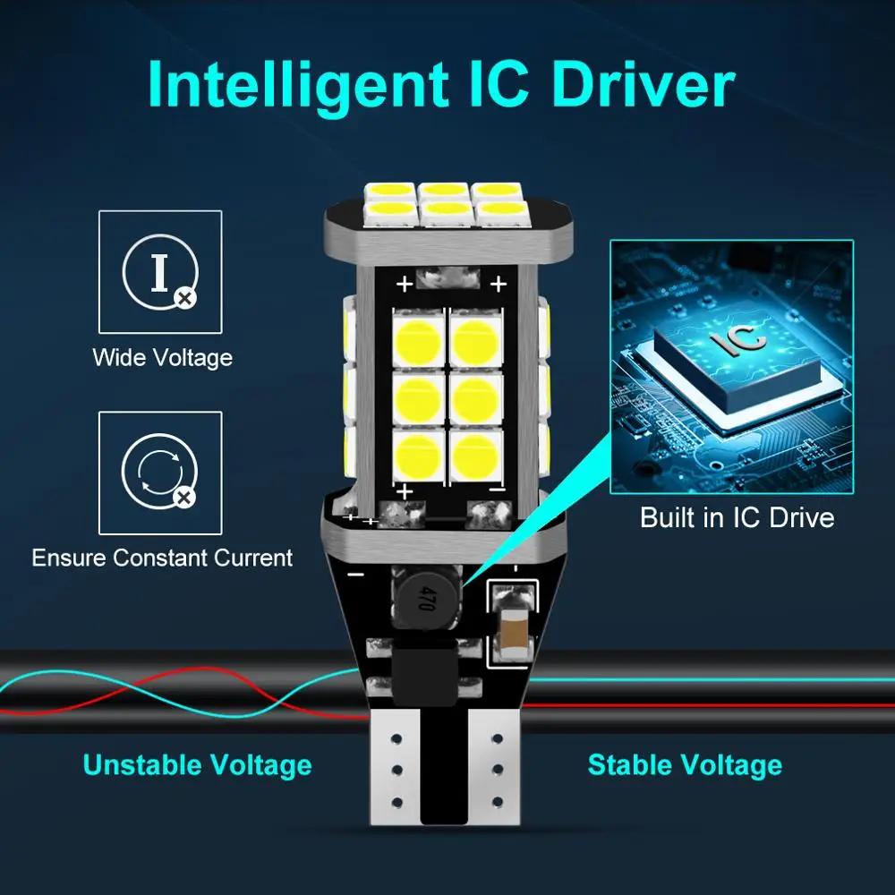 W16W LED  T15 Led Canbus OBC,  , 920 921 912  3030SMD ڵ     6000K  DC 12V, 2 