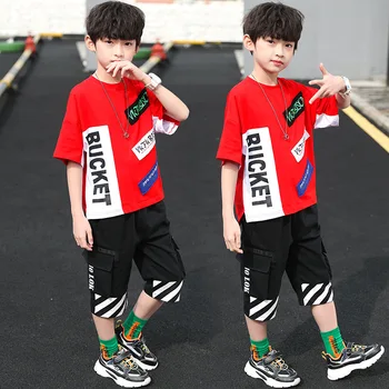 

2020 New Kids Boy Clothes Set Casual Fashion Summer Korean Version Handsome Cool Sports T-Shirt+Shorts Medium And Large Kids Set