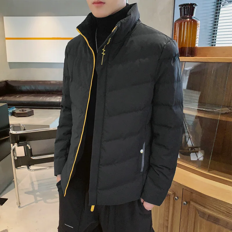 Winter Mens Cotton-padded Coat Stand Collar Warm Short Parka Outwear Casual Embroidery For Male Clothing U10 - Цвет: Черный
