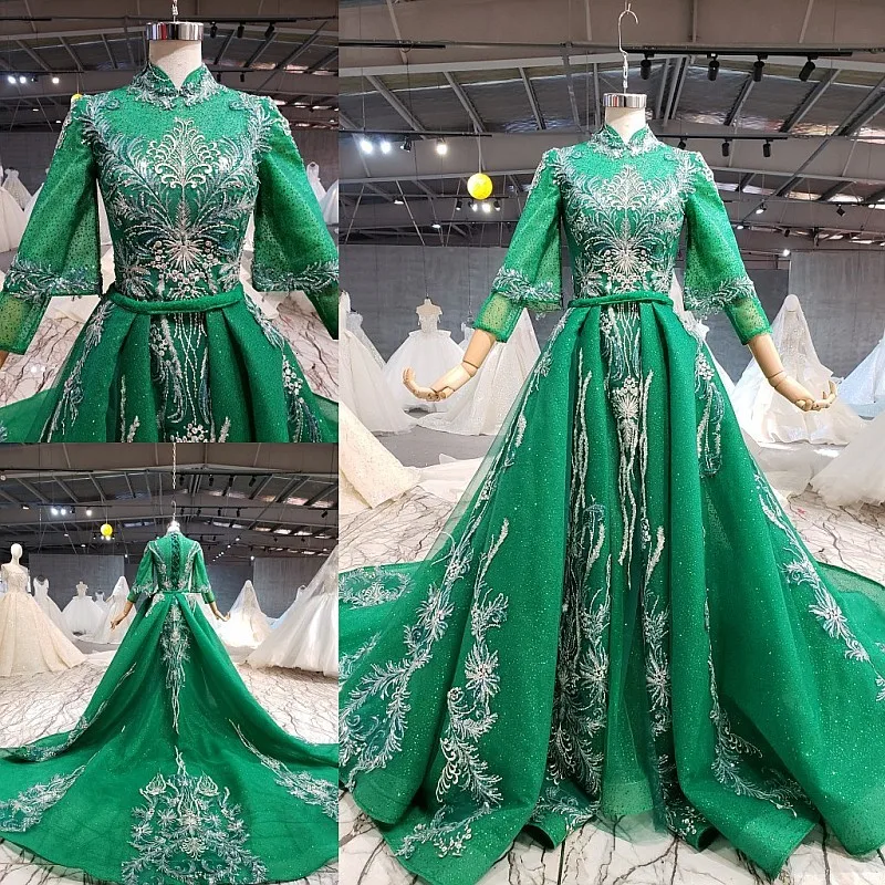Дубай Vestidos De Festa изумрудно-зеленое вечернее платье с блестками со съемным шлейфом Саудовская Арабская мусульманская женская официальная одежда