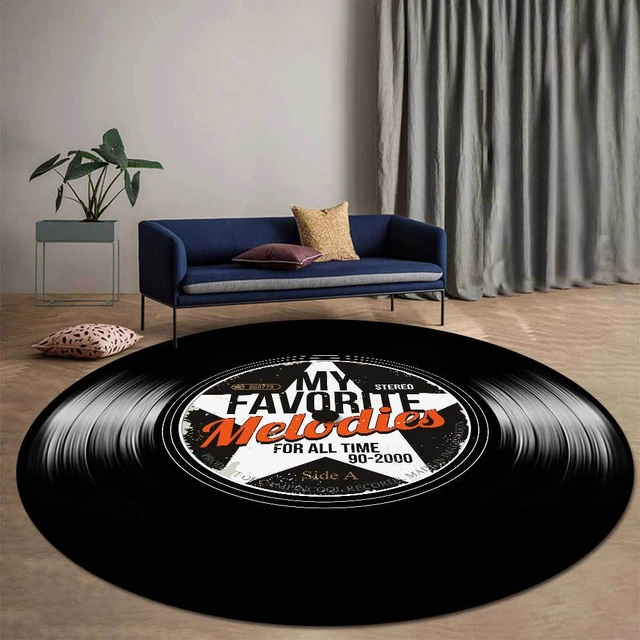 Grand tapis rond vintage imprimé disque vinyle, tapis de musique rétro,  salon, chambre à coucher, chambre